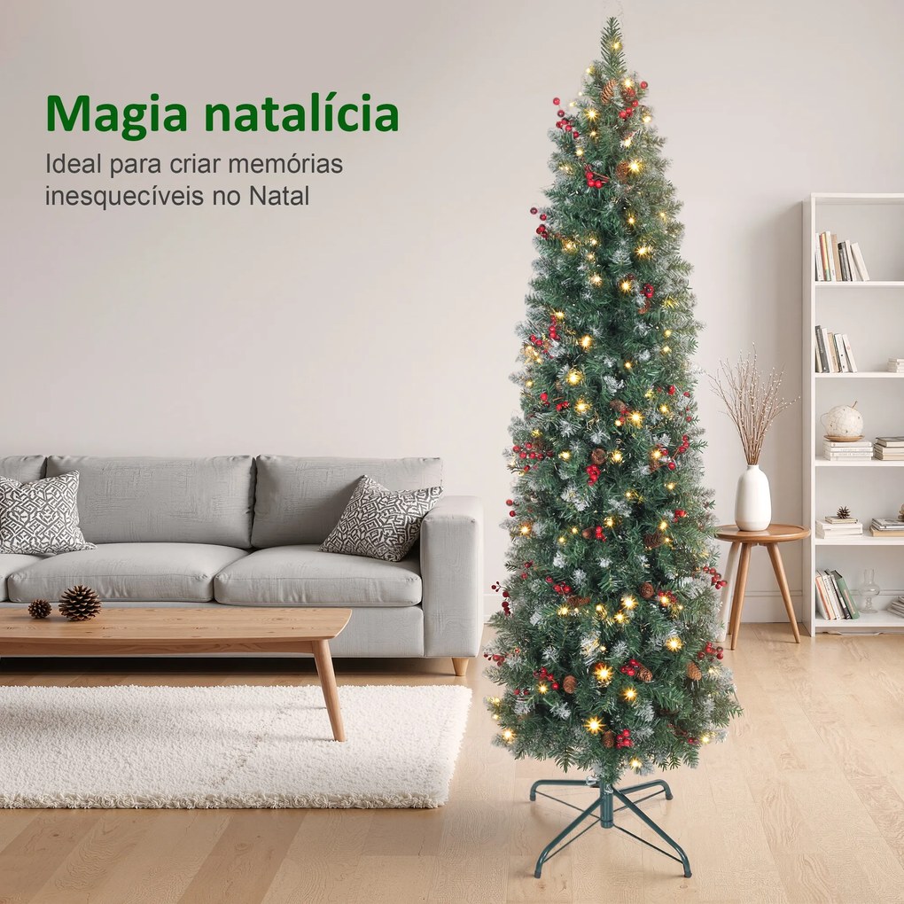 Árvore de Natal Slim 180 cm com Luzes LED 8 Modos de Iluminação 461 Ramos com Purpurina Prateada Pinhas e Bagas Verde