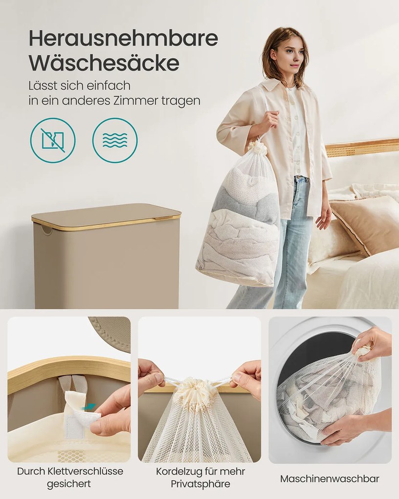 Cesto para roupa suja 150 L com tampa e 3 compartimentos 60 x 38,5 x 70,5 cm castanho-camelo