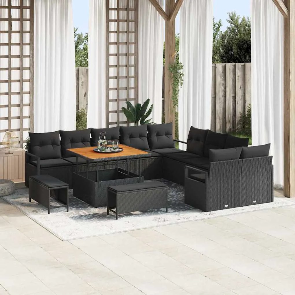 Conjunto de Sofá de Jardim de 13 Peças com Almofadas Preto em Rattan P