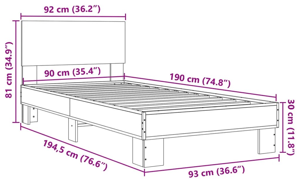 Estrutura de cama 90x190 cm derivados de madeira e metal preto