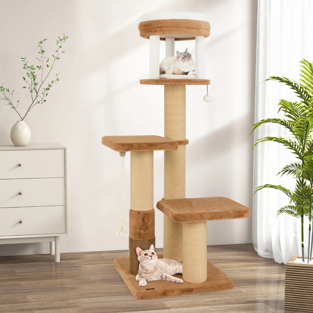 Arranhador para gatos 164 cm Poleiro almofadado Cama para gatos amovível Plataformas de salto Corda de sisal Castanho