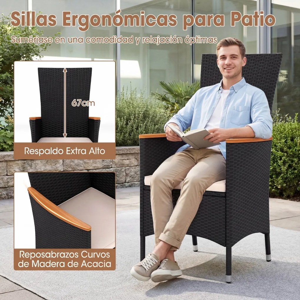 Conjunto de 4 cadeiras de jardim em rattan com encosto alto (MESA NÃO INCLUIDA), braços em madeira de acácia e almofada macia para terraço, alpendre o