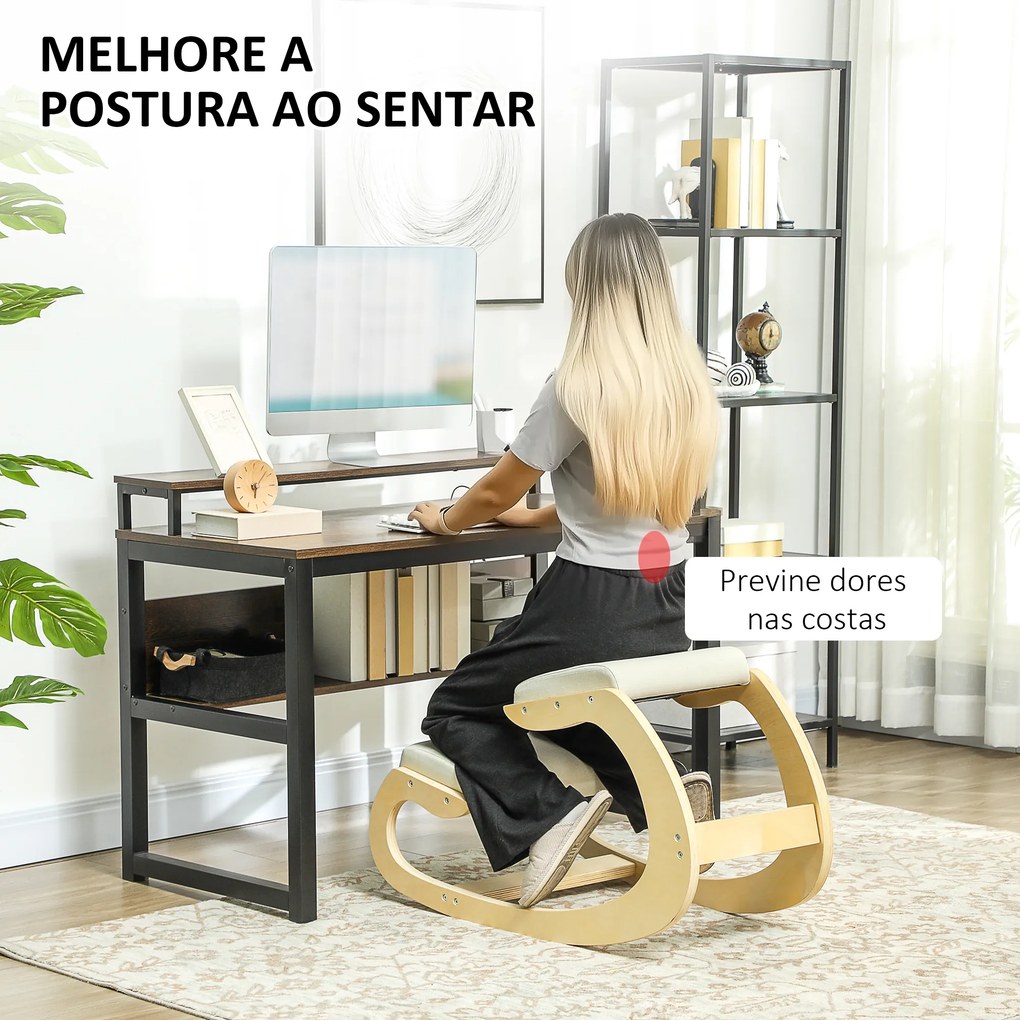 Cadeira Ergonómica de Joelhos com Almofadas Acolchoadas Estrutura de Madeira para Melhor Postura Escritório 55x85x55 cm Creme