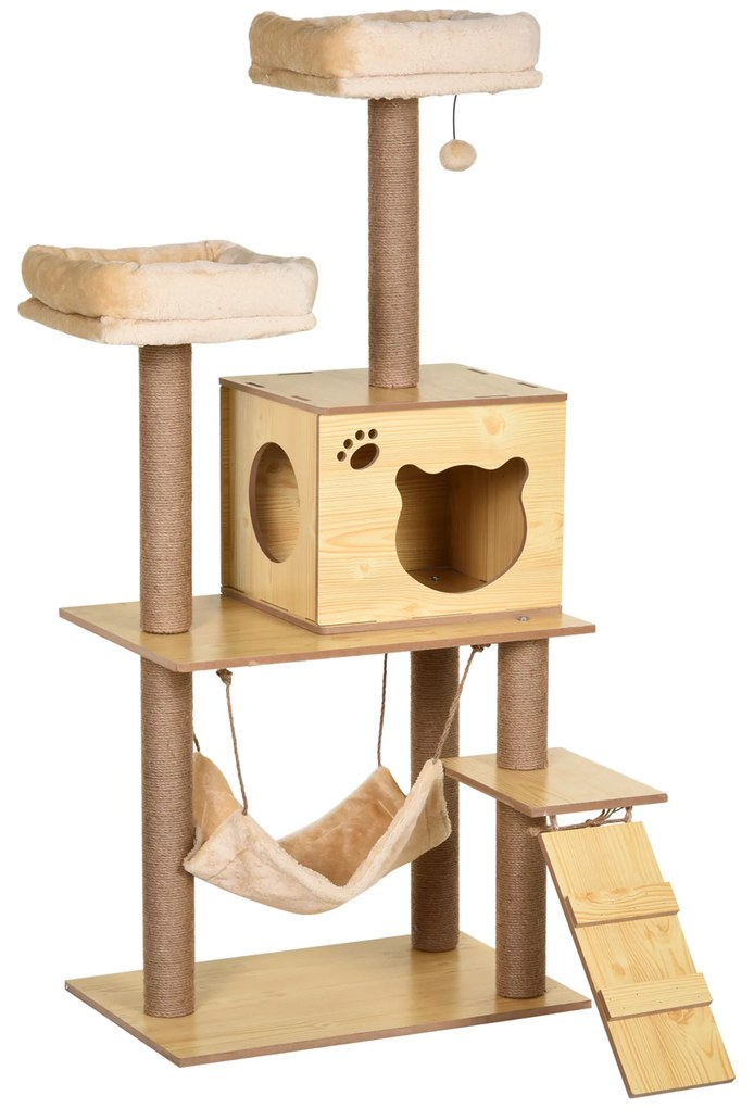 PawHut Arranhador para Gatos com Poste de Arranhar de Juta 2 Camas Rede Caverna Bola Suspensa Rede e Rampa 60x40x130 cm Madeira