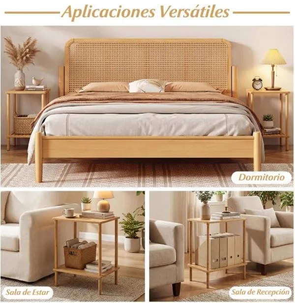 Conjunto de 2 mesas auxiliares de bambu com 2 níveis 40 x 30 x 55 cm e prateleiras de arrumação retangulares para chá e sofá de canto, sala de estar N