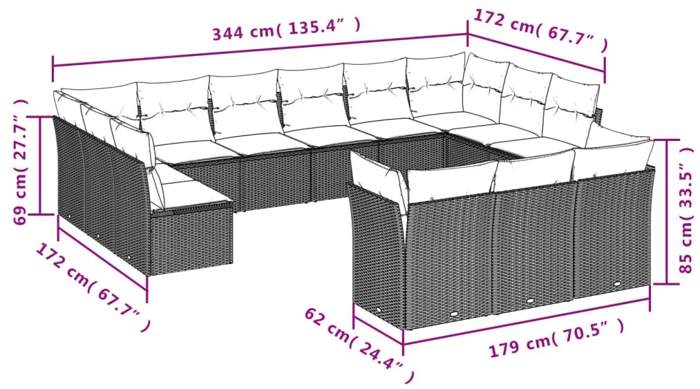 13 pcs conj. sofás jardim c/ almofadões vime PE cinzento-claro