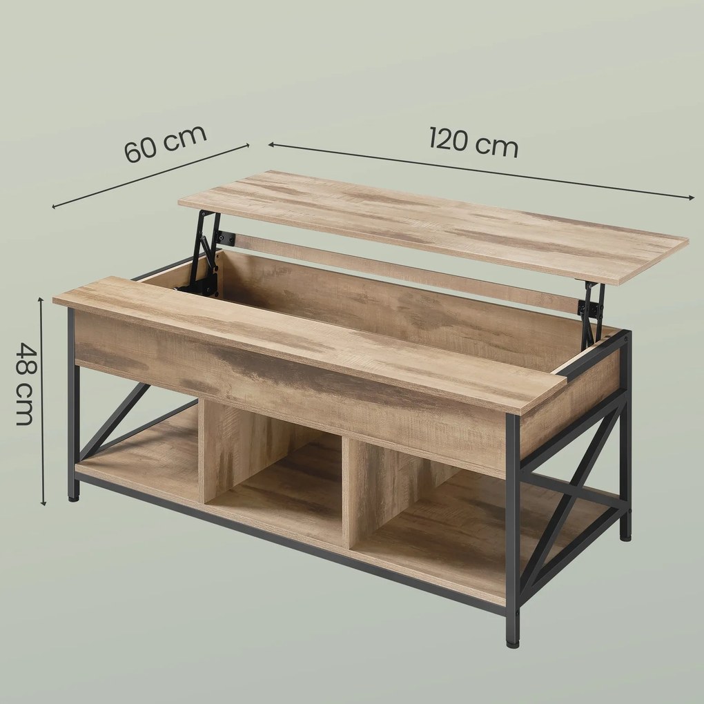 Mesa de centro com espaço de arrumação aberto e oculto 60 x 120 x (48-62) castanho camelo-preto