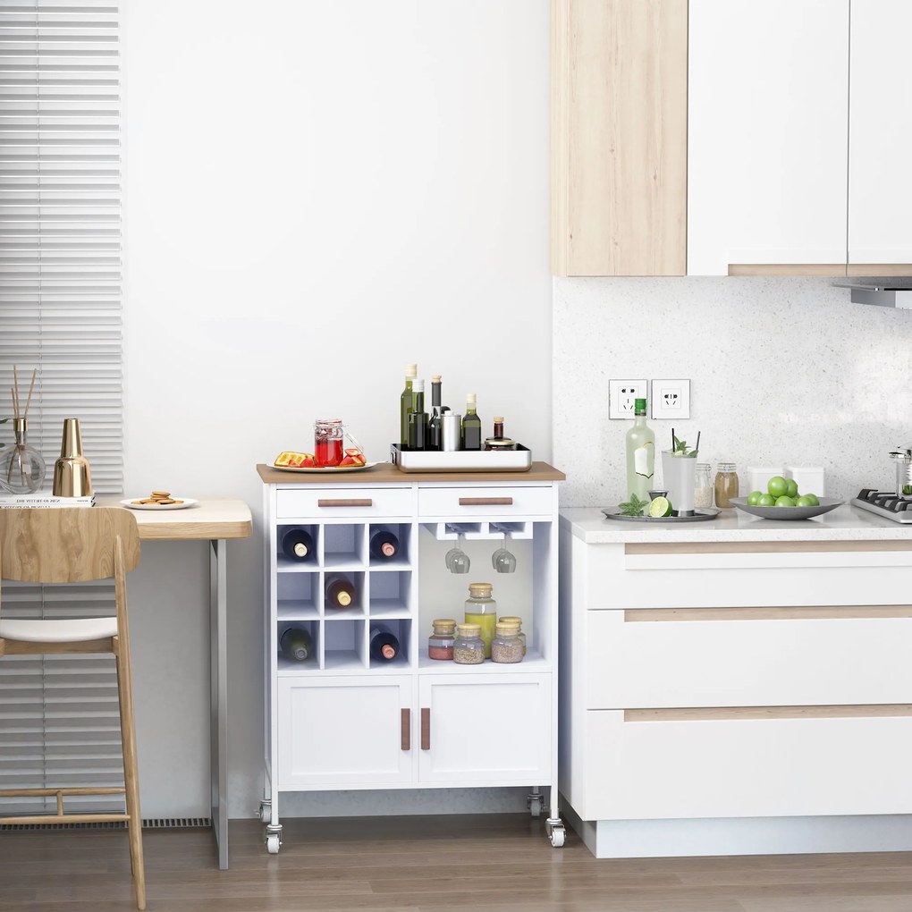 HOMCOM Carrinho de Cozinha Auxiliar com Rodas Carrinho de Cozinha com 2 Gavetas Suporte para 9 Garrafas Suporte para Taças Prateleira Aberta e Armário 76x40x88cm Branco