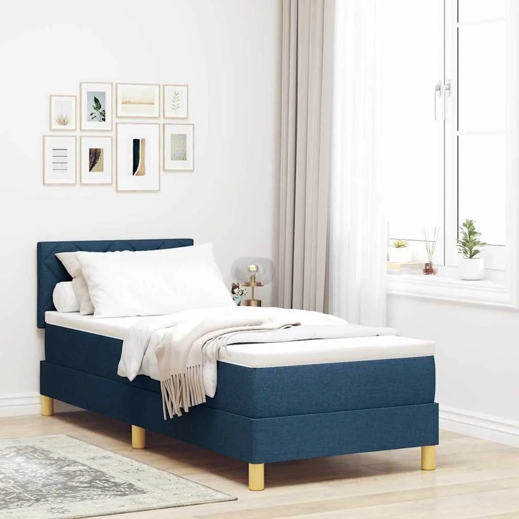 Cama Box Spring com Colchão &amp; LED Azul 80x200 cm Tecido