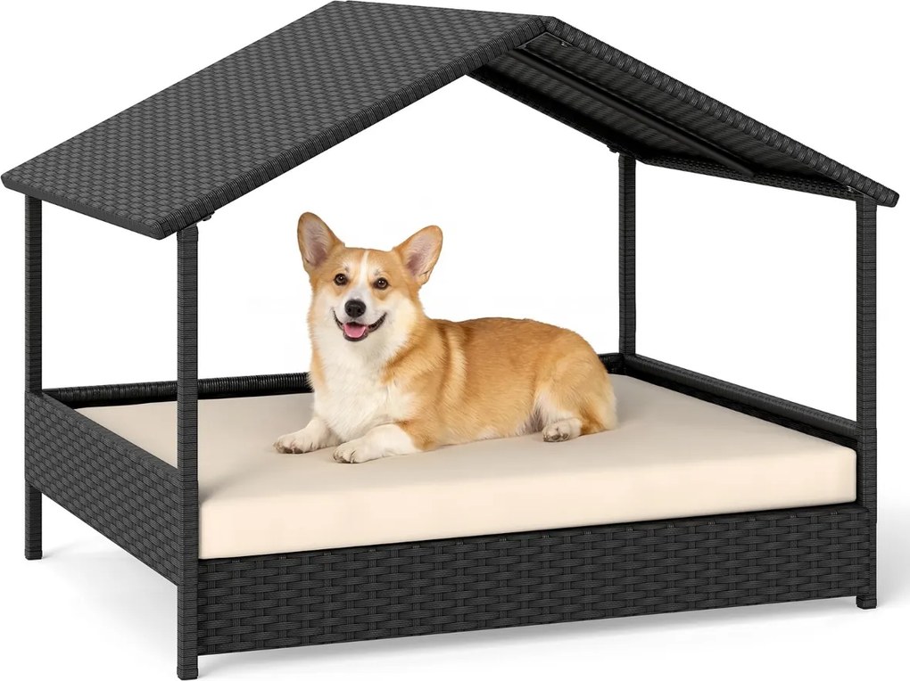 Cama de rattan para cães com toldo de rattan, para jardim 98 x 69 x 74 cm, Suporta 60 kg Almofada removível para interior e exterior Bege e preto