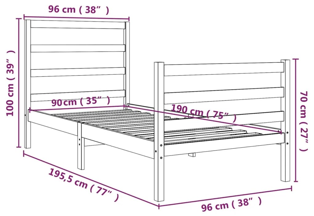Estrutura de cama solteiro 90x190 cm pinho maciço