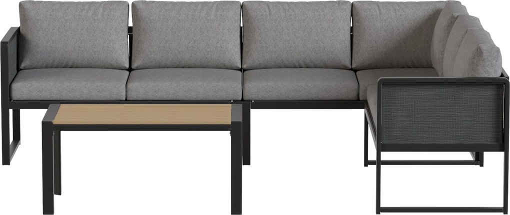 Conjunto de jardim modular de canto para 6 pessoas, sofás, mesa de centro e almofadas, cinzento escuro