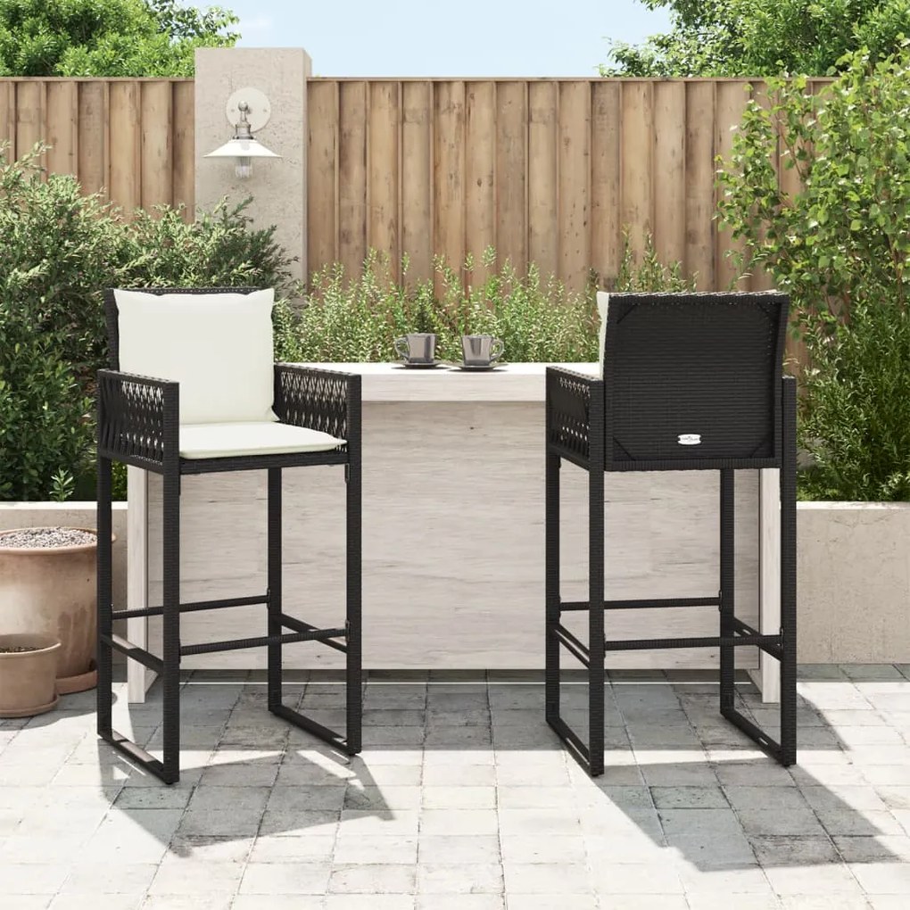 Bancos de bar com almofadões para jardim 2 pcs vime PE preto