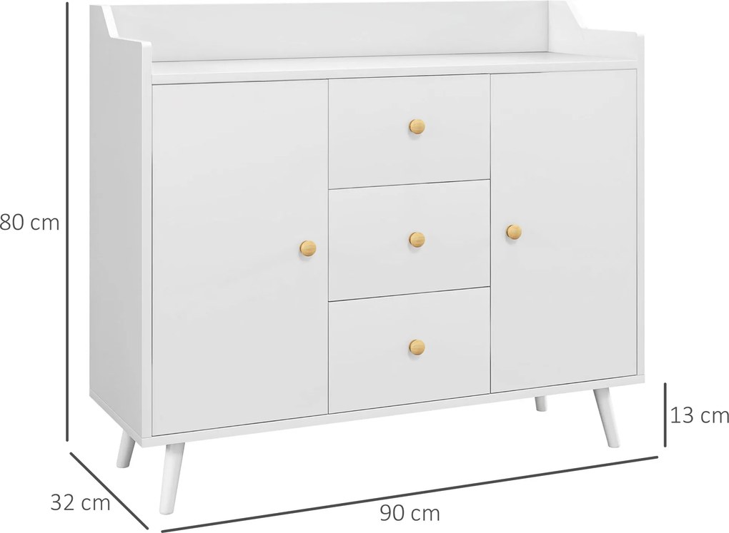 Aparador Sala de Estar Moderno com 2 Portas 3 Gavetas e Pés de Madeira de Pinho 90x32x80 cm Branco