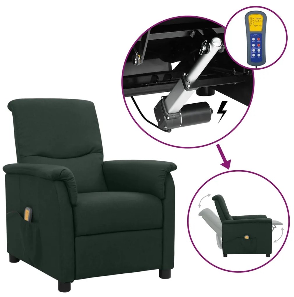vidaXL Poltrona elevatória de massagens tecido verde-escuro