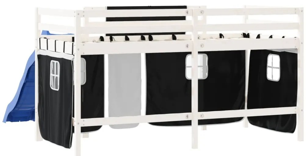Cama alta criança c/ cortina 80x200cm pinho maciço branco/preto