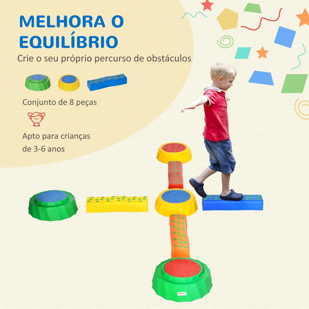 Outsunny Conjunto de 8 Traves de Equilíbrio para Crianças de 3-6 Anos Degraus de Equilíbrio com Almofadas Antiderrapantes para Interior e Exterior Carga Máxima 50kg 45,5x11,5x8cm Multicor