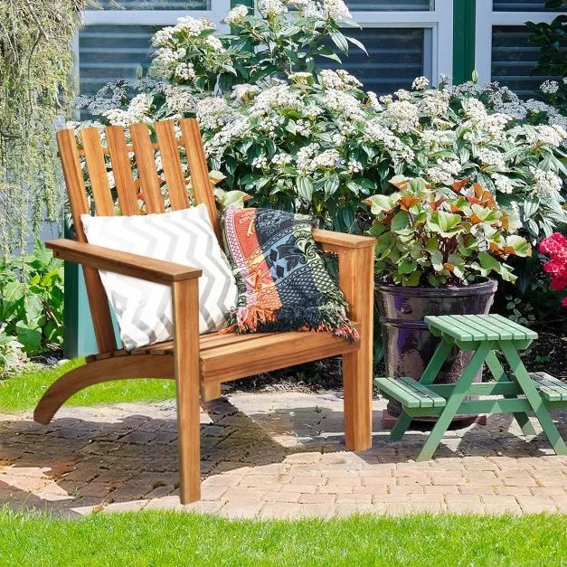 Cadeira de jardim ergonómica de madeira de acácia Adirondack com braços Jardim Piscina Terraço Piscina 69 x 73 x 85 cm Natural