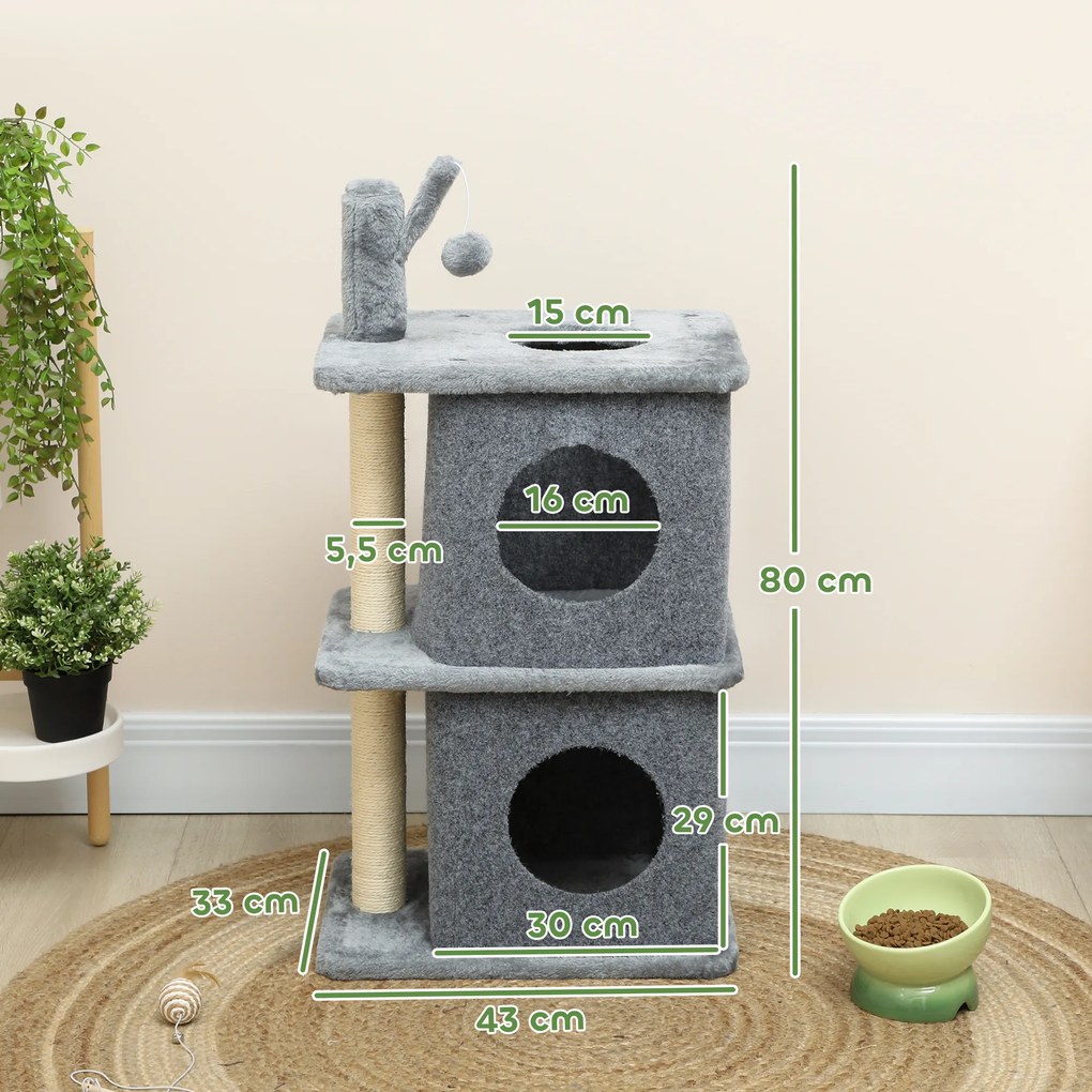 Arranhador para gatos de 3 níveis em forma de torre, com 2 compartimentos abertos e uma superfície de descanso confortável, bola 43 x 33 x 80 cm cinze