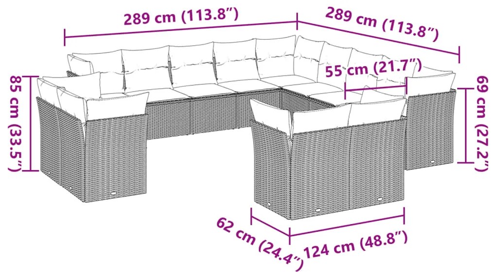 13 pcs conj. sofás jardim c/ almofadões vime PE cinzento-claro