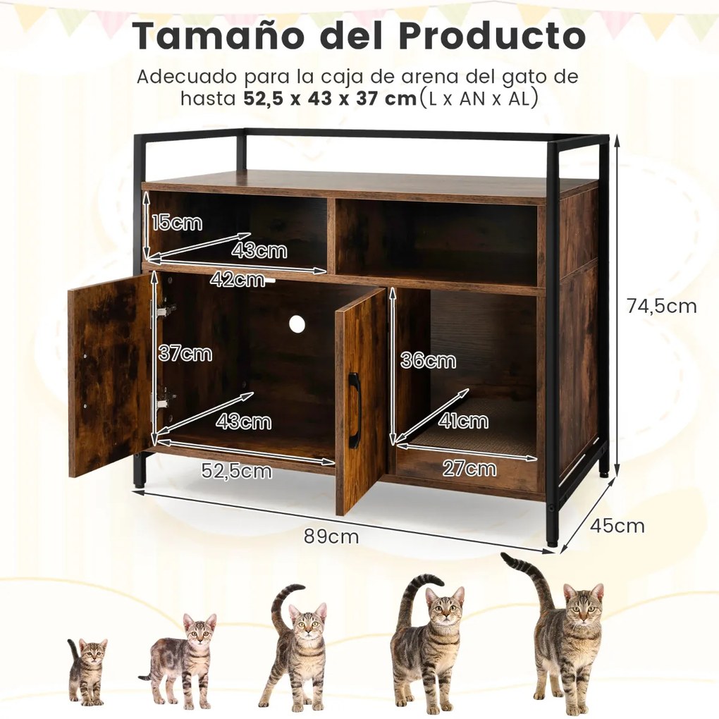 Móvel para Caixa de areia para gatos com portas de cartão para arranhar Armário de limpeza para animais de estimação com Estante 89 x 45 x 74,5 cm Caf