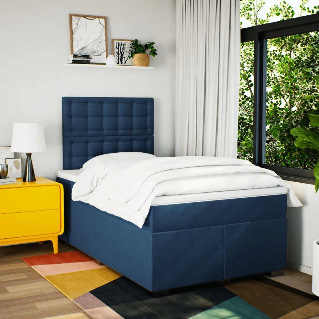 Cama boxspring com colchão 120x190 cm tecido azul