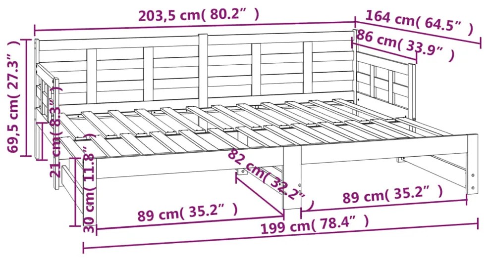 Sofá-cama de puxar pinho maciço preto 2x(80x200) cm