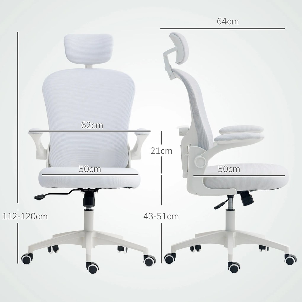Cadeira de Escritório em Malha com Encosto Alto Apoio de Cabeça Ajustável Suporte Lombar 4D 62x64x120 cm Branco