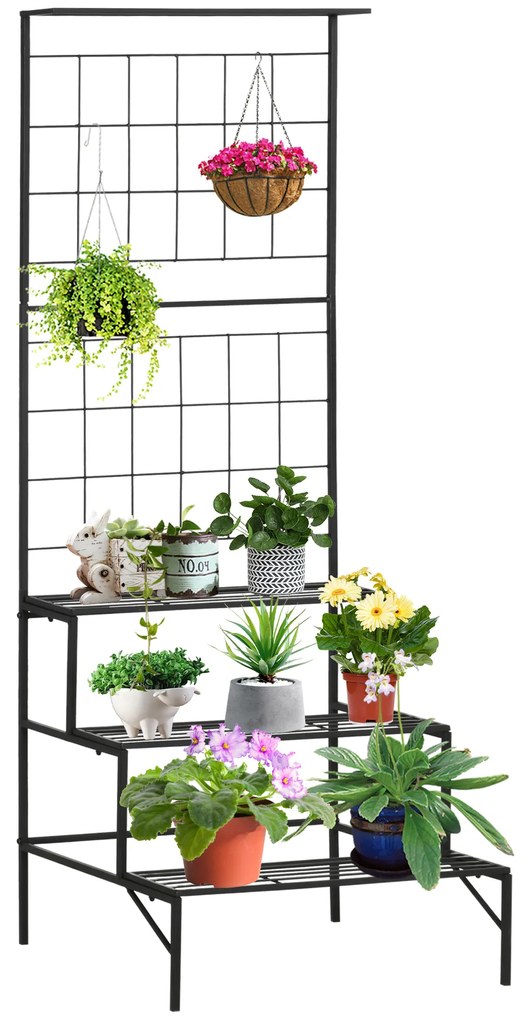 Outsunny Suporte para Plantas com Treliça de Metal Suporte para Vasos Plantas Trepadeiras com 3 Prateleiras 60x53,5x159,5cm Preto | Aosom Portugal