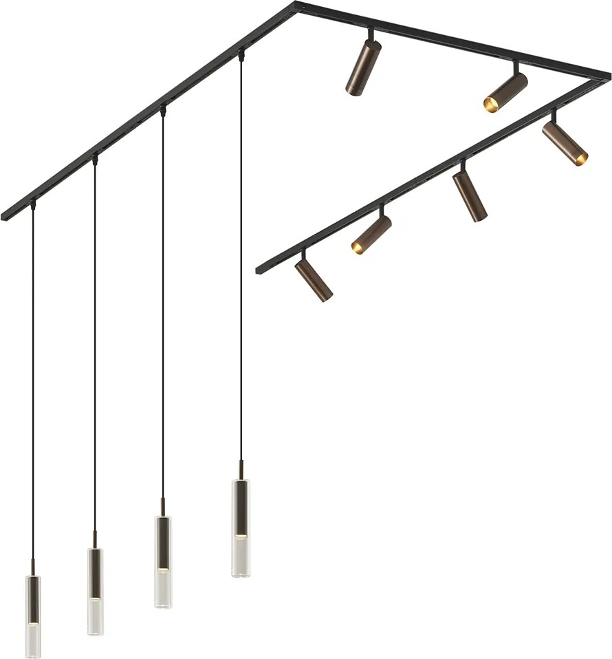 Sistema de calhas de iluminação moderno preto com 6 focos e 4 candeeiros suspensos bronze escuro monofásico - Slimline Uzzy Loyce