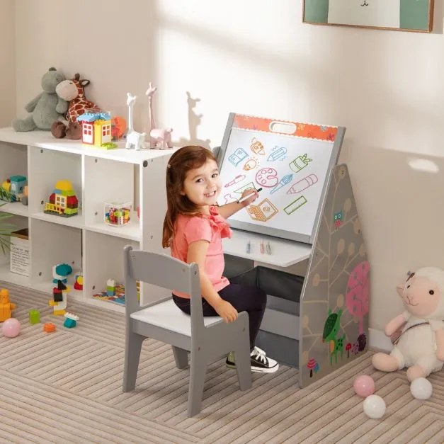 Conjunto de mesa e cadeira para crianças com 2 caixas de tecido removíveis, quadros magnéticos e quadro branco para brincar e desenhar Cinzento