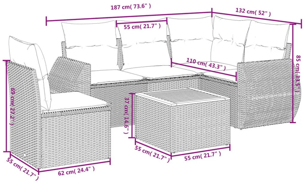 6 pcs conjunto de sofás p/ jardim com almofadões vime PE bege