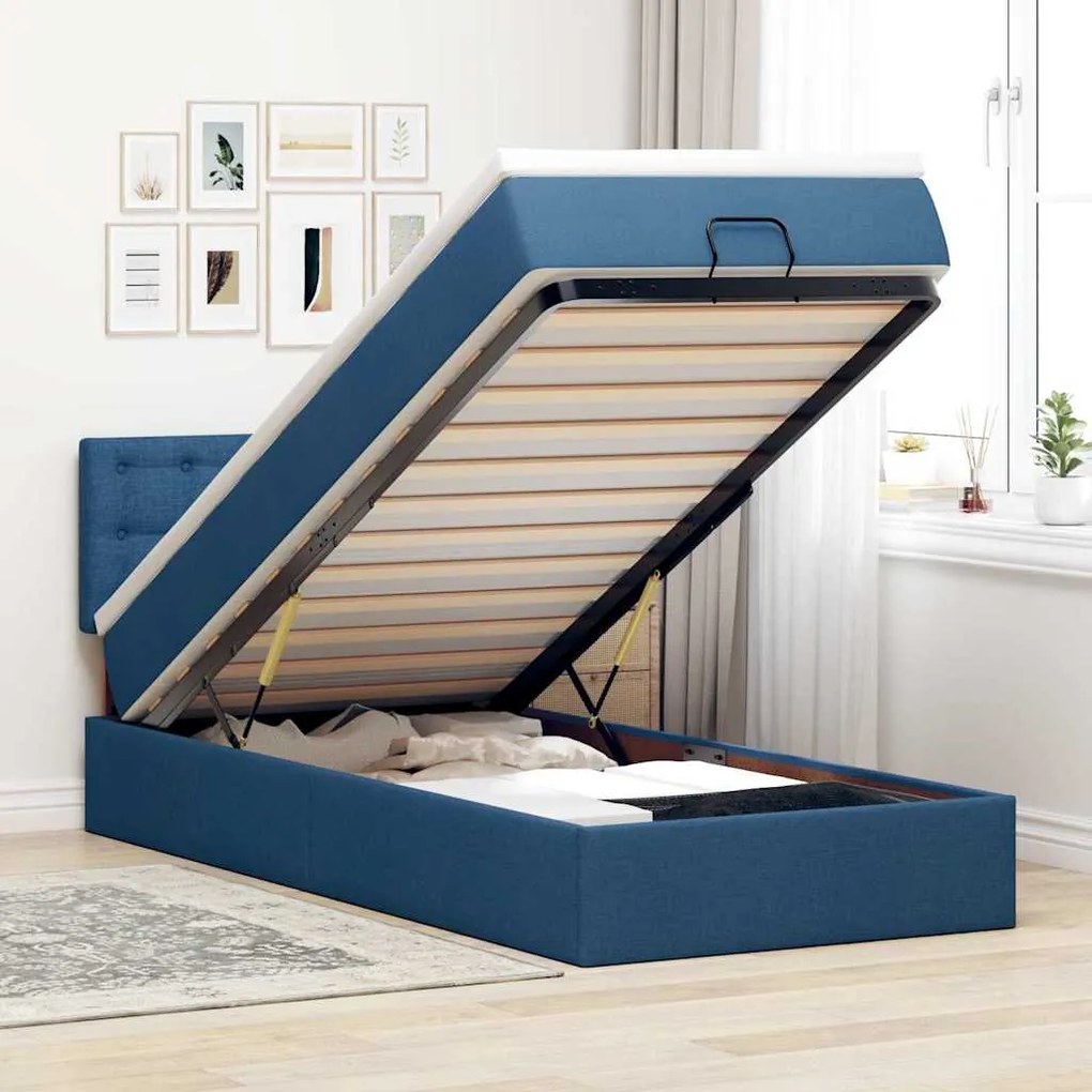 Cama Otomana com Colchão & LEDs Tecido Azul 90x200 cm