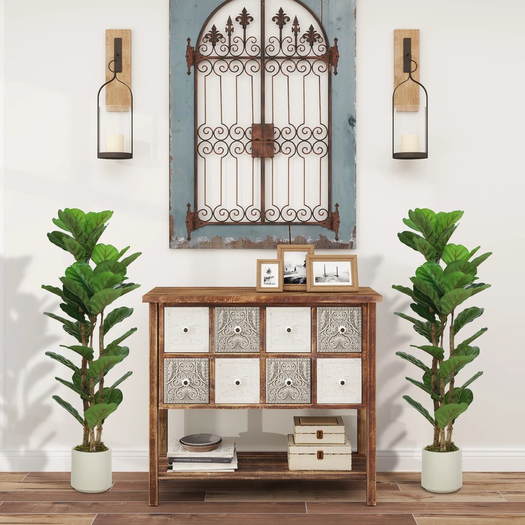 Conjunto de 2 plantas artificiais de 120 cm: figueira-lira artificial com vaso de plástico e tronco de madeira maciça, verde