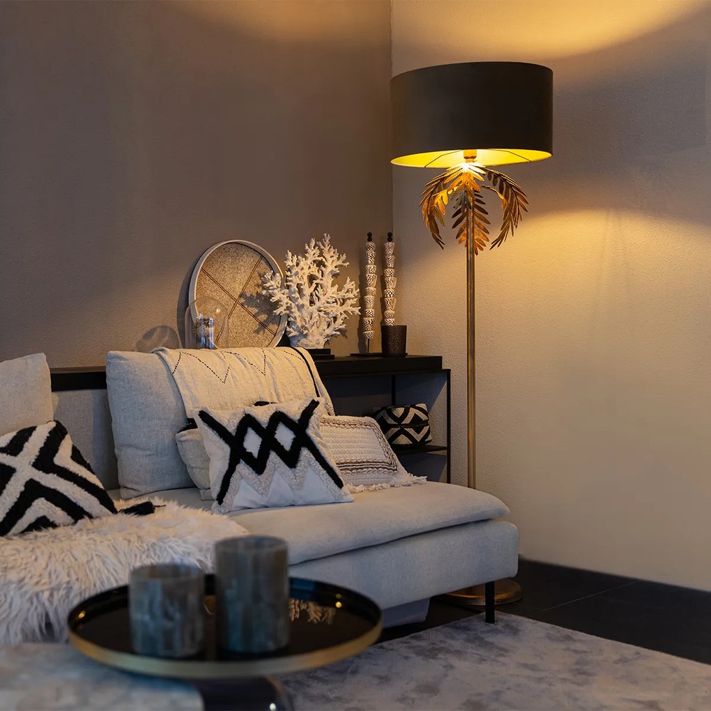 Candeeiro de pé vintage dourado 145 cm com abajur em veludo castanho 50 cm - Botanica