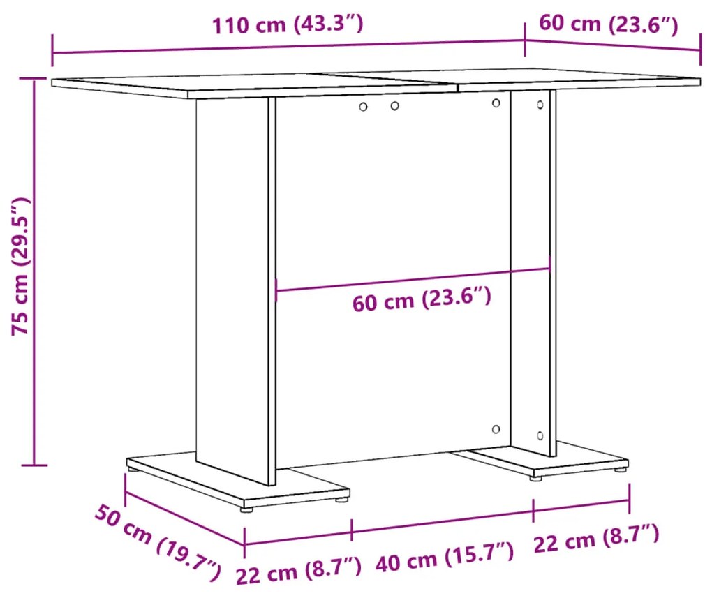 Mesa de jantar 110x60x75cm derivados madeira carvalho artisiano