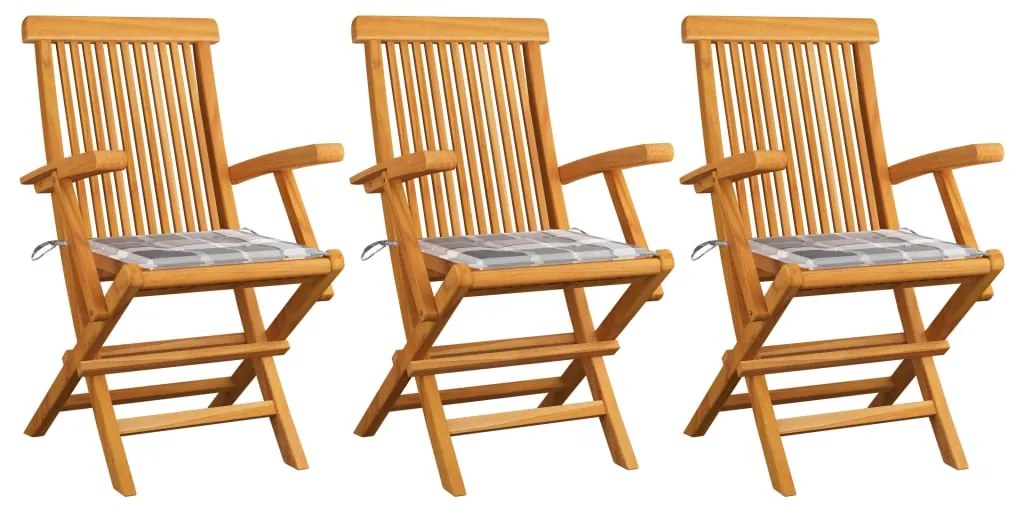 vidaXL Cadeiras de jardim c/ almofadões xadrez cinzento 3 pcs teca