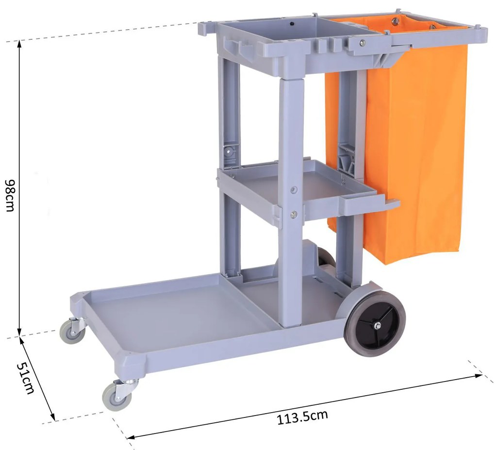 Carrinho de Limpeza com Saco 100L Profissional e Multifuncional para Colectividades Hostal do Hotel com 3 Bandejas e 1 Plataforma 113x50.5x96.5cm