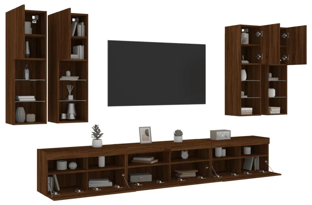 vidaXL 7 pcs conj. móveis de parede p/ TV luzes LED carvalho castanho