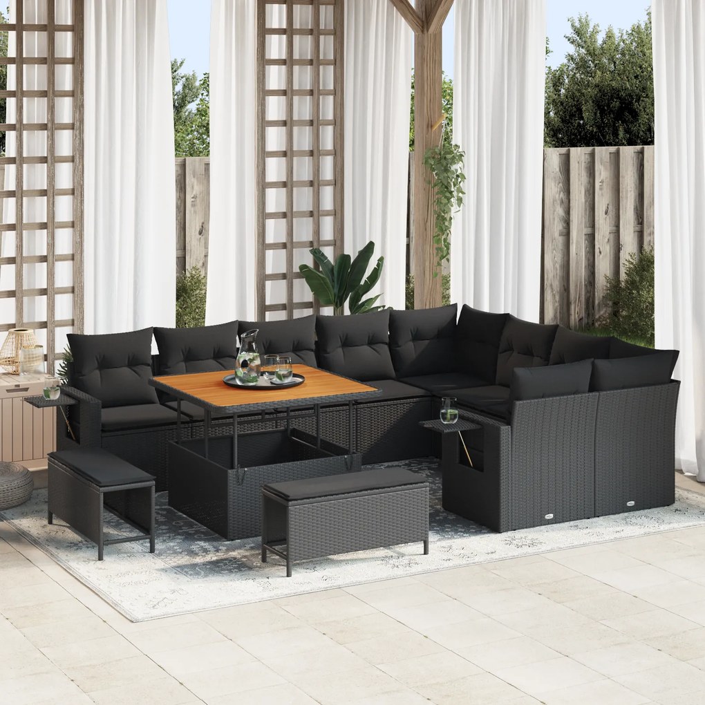 Conjunto de Sofá de Jardim vidaXL de 12 Peças com Almofadas Rattan Preto Acácia