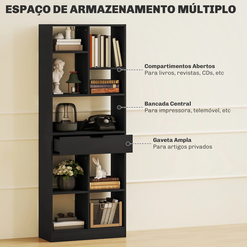 Estante de Madeira Estante para Livros com 1 Gaveta e 9 Compartimentos de Armazenamento 60x26x158 cm Preto