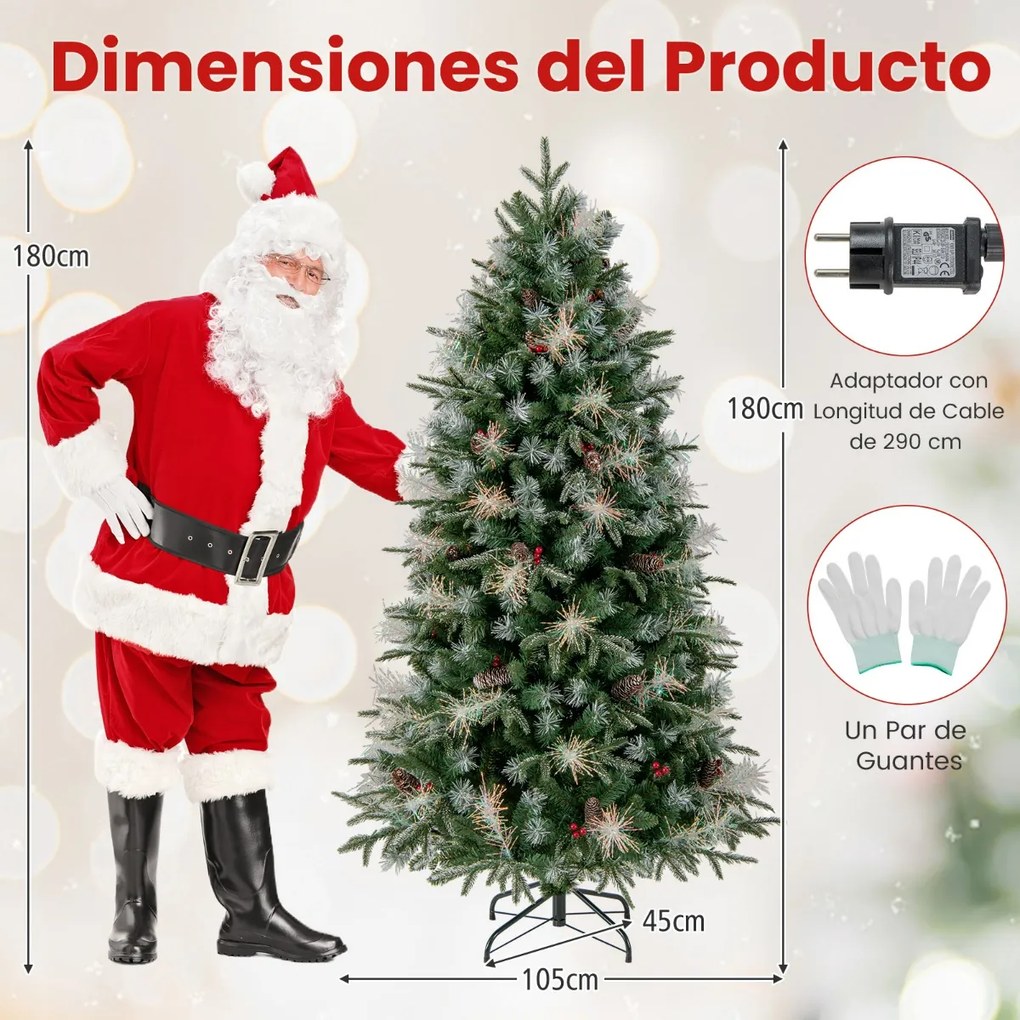 Árvore de Natal artificial pré-iluminada de 180 cm com dobradiças, 806 pontas de ramos em PE, PVC 270 luzes LED verde