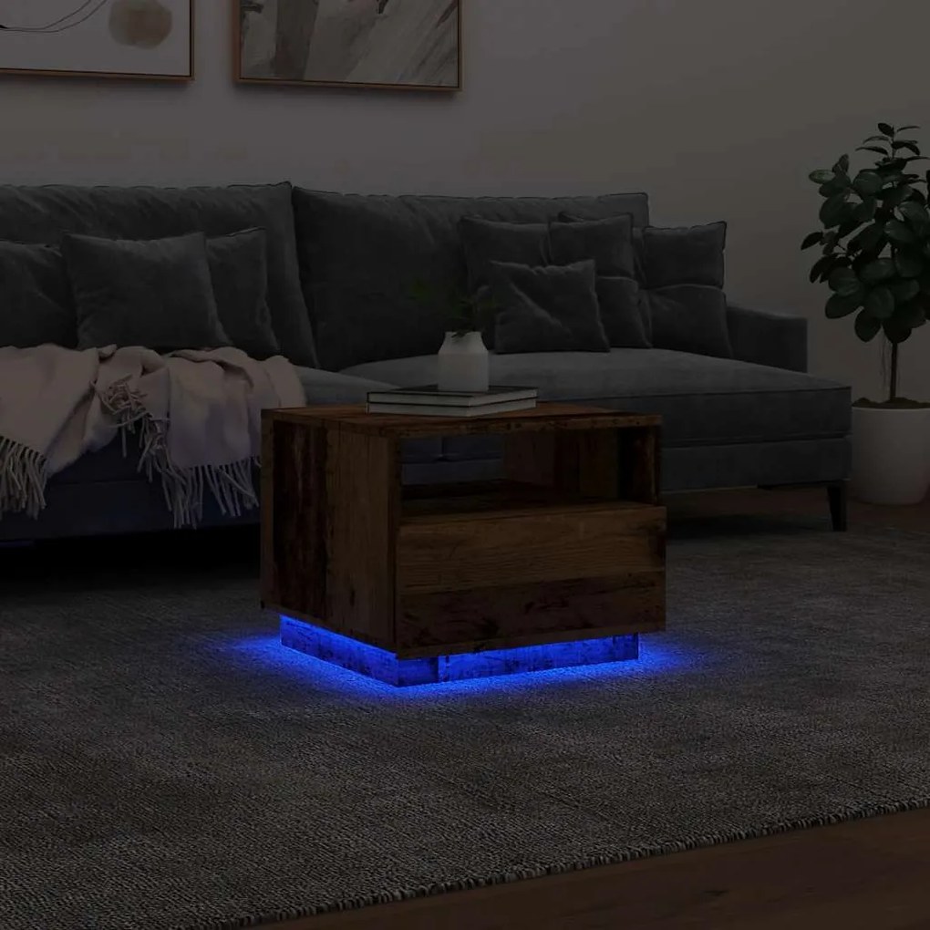Mesa de centro com luzes LED 50x49x40 cm madeira velha