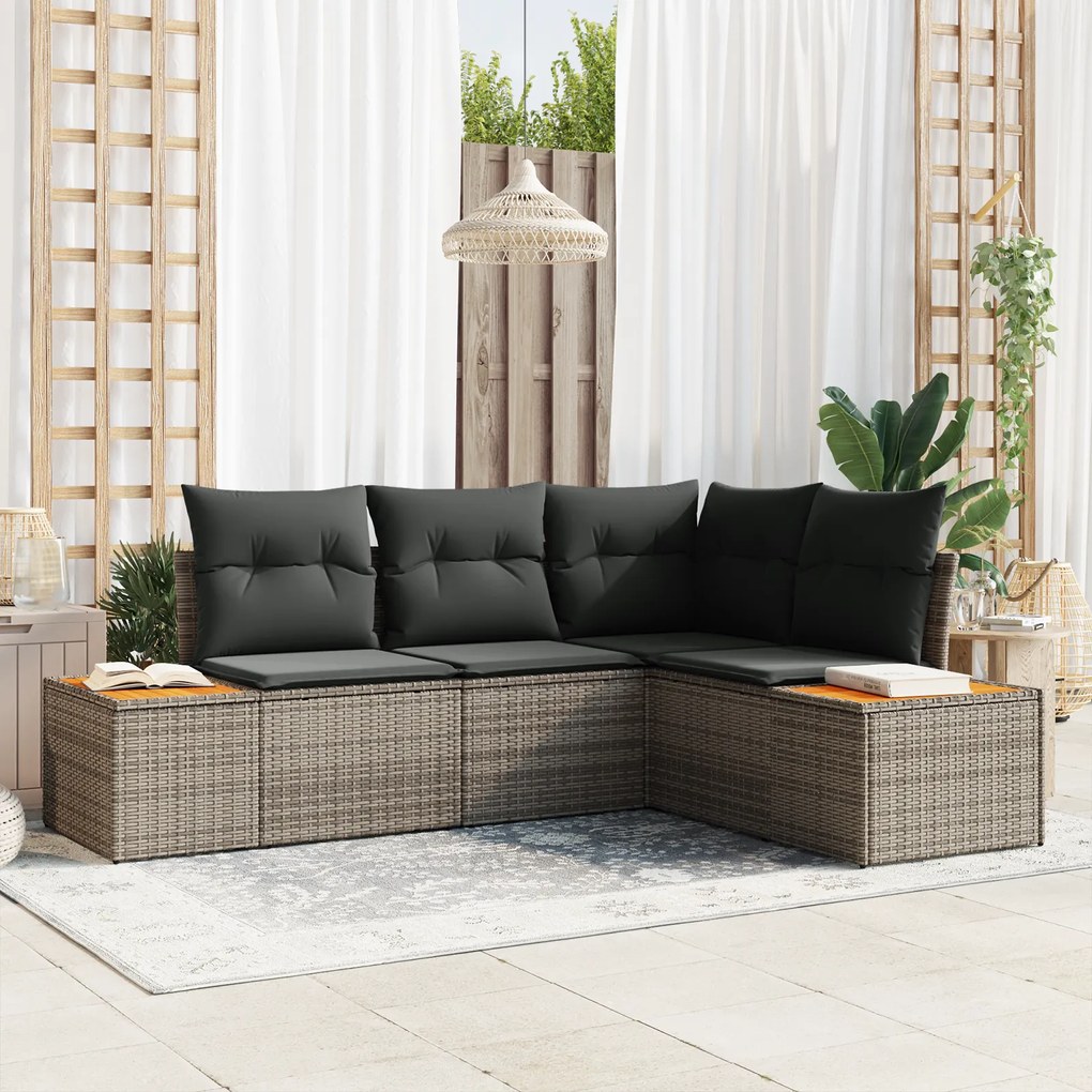 Conjunto de Sofá de Jardim vidaXL 4 Peças com Almofadas Cinzento Polirattan Acácia