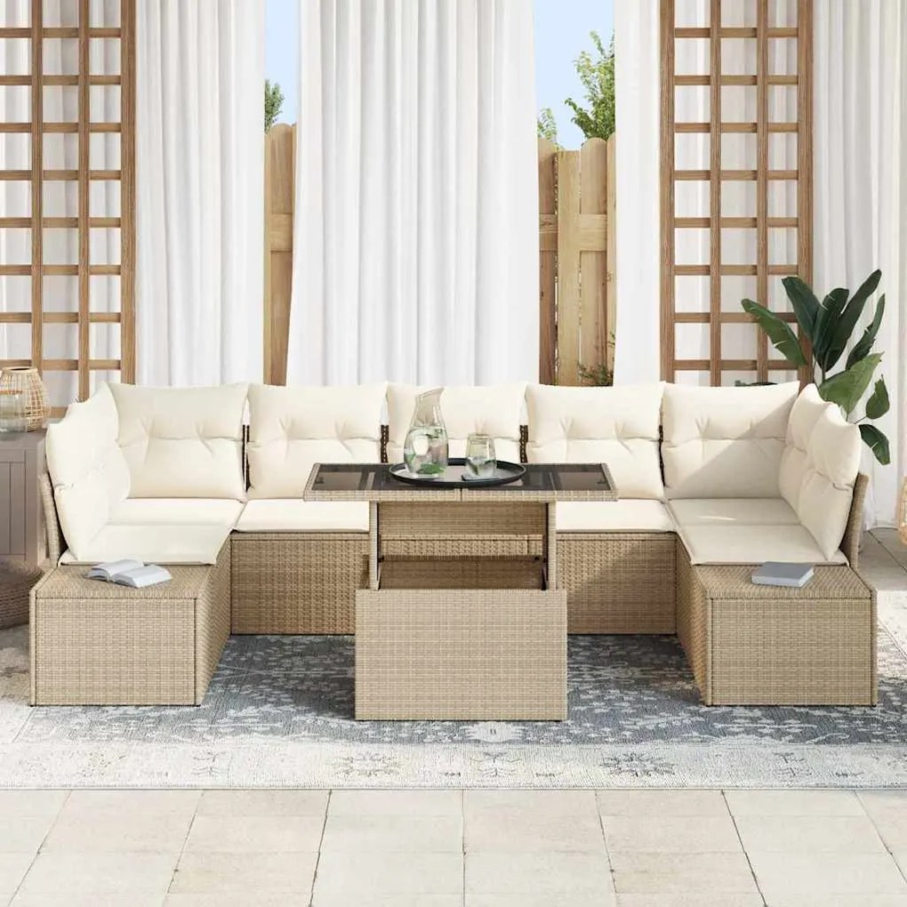 Conjunto de Sofá de Jardim 8 Peças com Almofadas Bege em Rattan Sintét