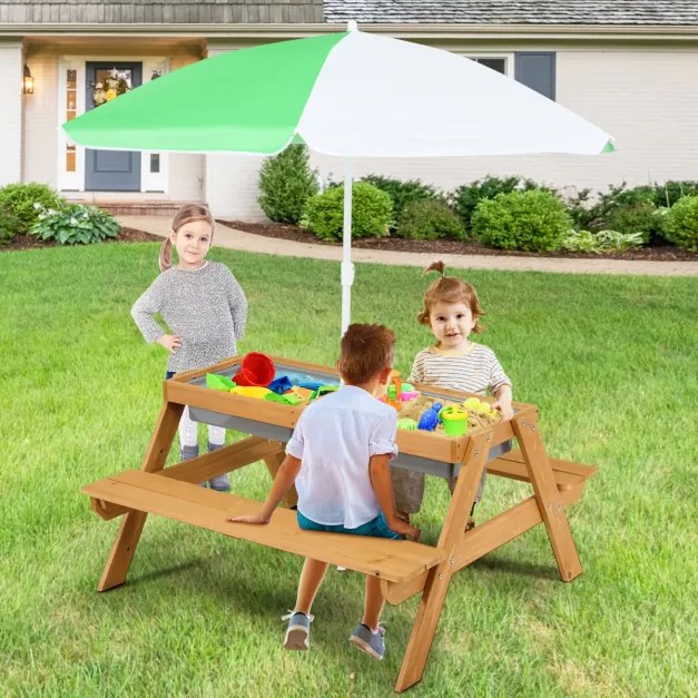Mesa de piquenique infantil 3 em 1 com guarda-sol removível e ajustável de altura de 117 a 187 cm Mesa de madeira para pátio de jardim Verde