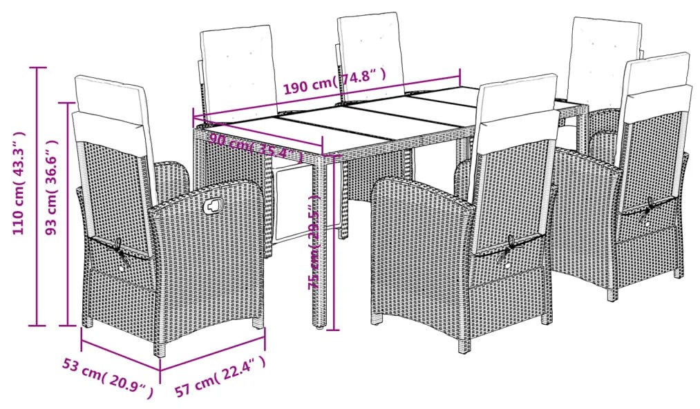 7 pcs conjunto de jantar p/ jardim c/ almofadões vime PE preto
