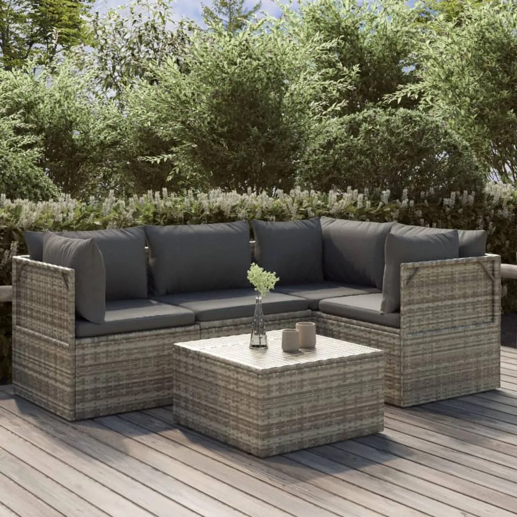 vidaXL 5 pcs conjunto lounge de jardim c/ almofadões vime PE cinzento