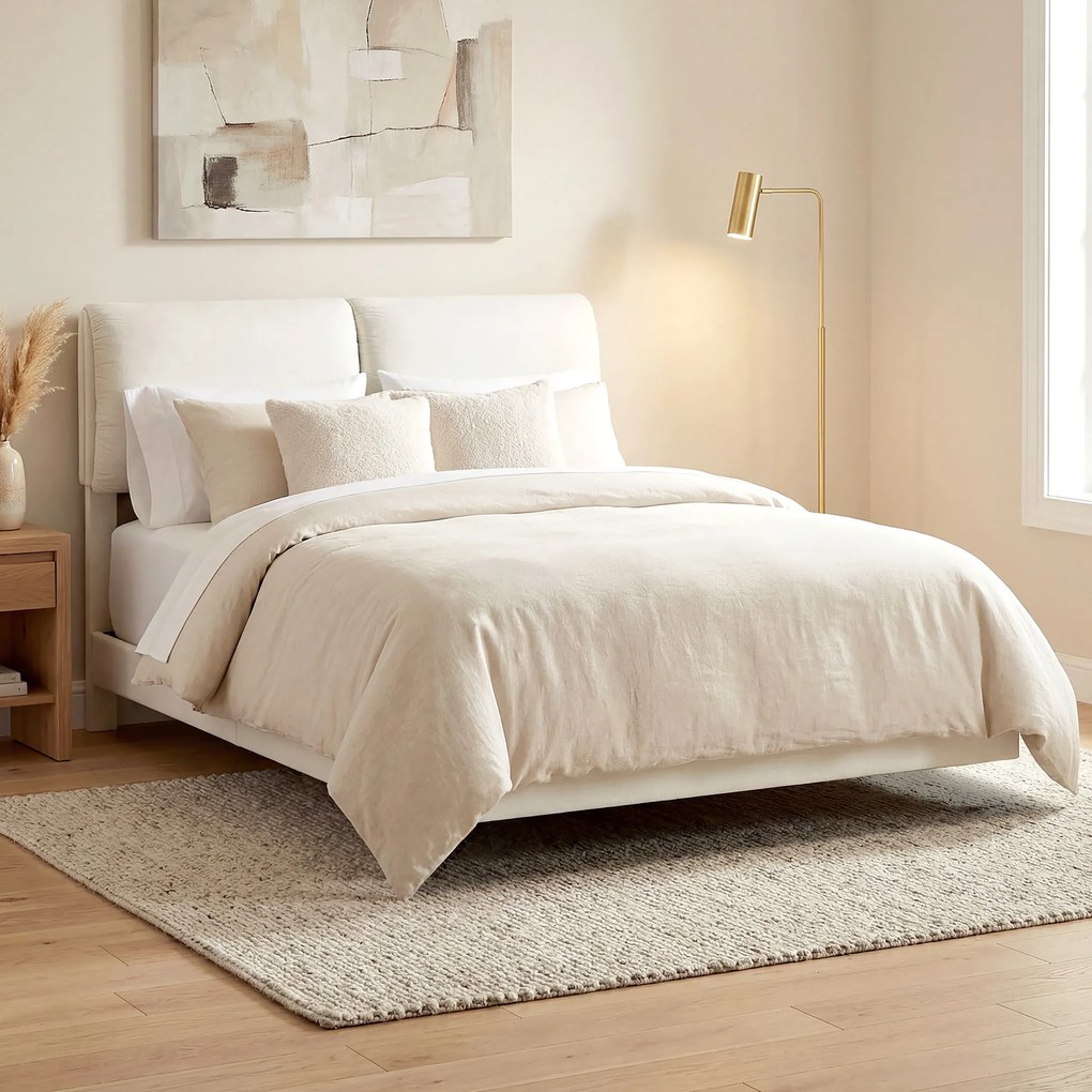 Cama de Casal 135x190 cm (COLCHÃO NÃO INCLUIDO)Estrado com Cabeceira Acolchoada Efeito Flutuante Estrutura Metálica Bege