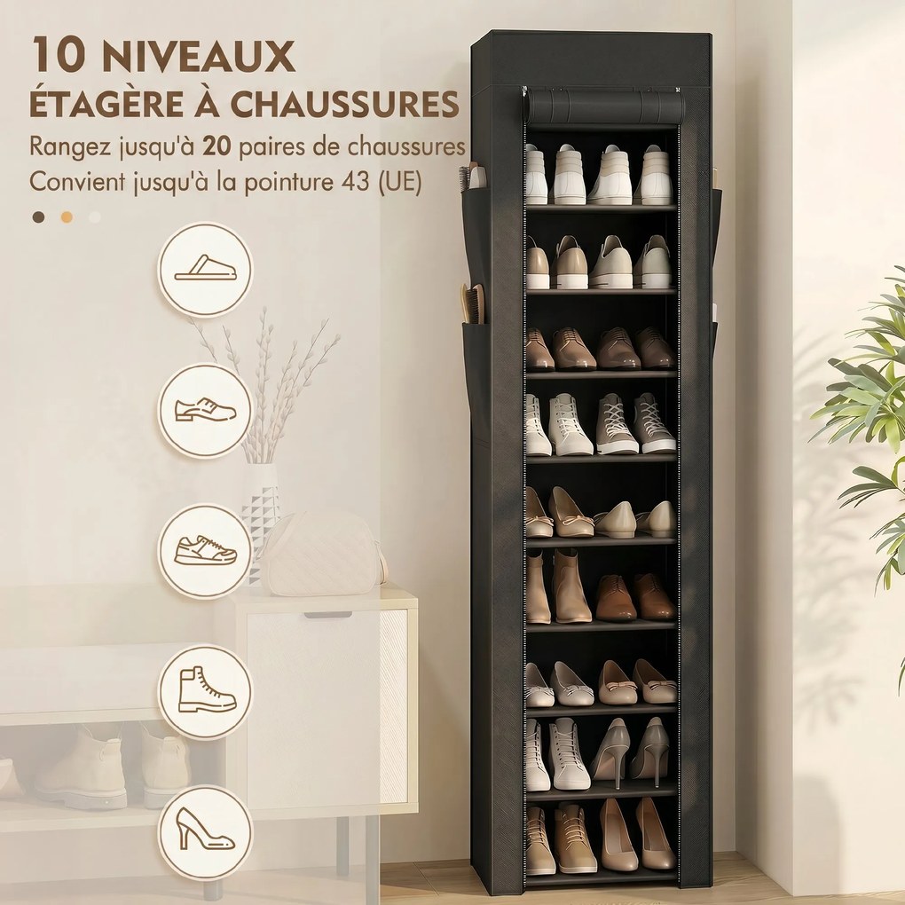 Sapateira com capacidade 45 x 30 x 175 cm para 20 pares e 10 níveis, organizador de sapatos em metal com capa anti pó, preto